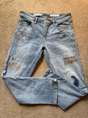Pilcro and the Letterpress Light Blue Distressed Boyfriend Jeans with Patches